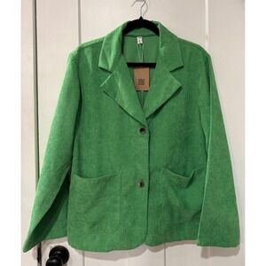 SooLinen Green Corduroy Blazer Jacket Women's Size L Button Front Pockets